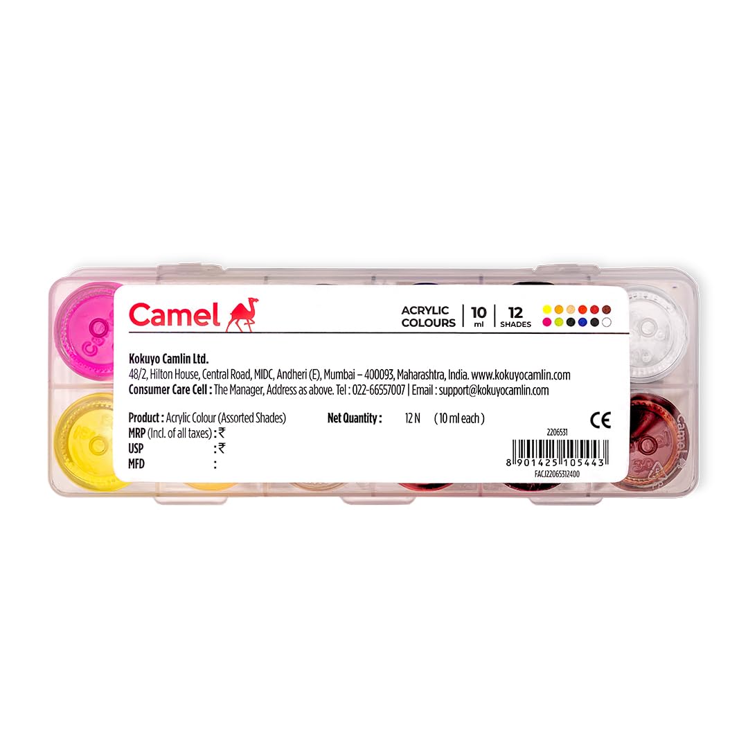 Camel Acrylic Ultra Colour – 12 Rich Shades (10ml each) | Multi-Surface DIY Paints | Vibrant & Permanent Colors | Suitable on Canvas, Wood, Fabric, Paper and Ceramics
