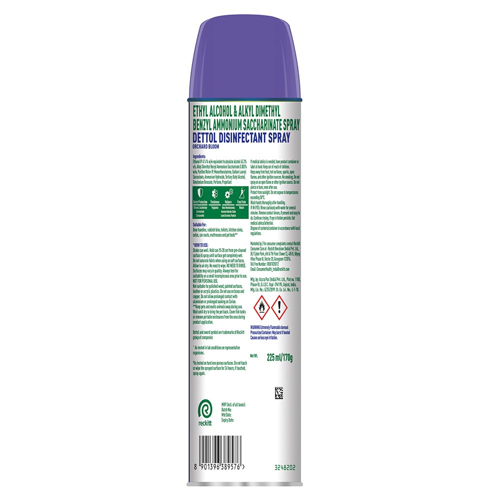 Dettol Multi-Surface Disinfectant Sanitizer Spray Bottle | 24 hours protection| Germ Kill on Hard and Soft Surfaces (Orchard Bloom, 225ml) (Pack of 3)