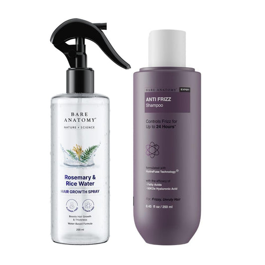 Bare Anatomy Nature X Science Rosemary Water Spray for Hair Growth & Thickness with Rice Water 200ml + Anti-Frizz Shampoo for Frizz Control Up to 24 Hours | 250ml | For All Hair Types