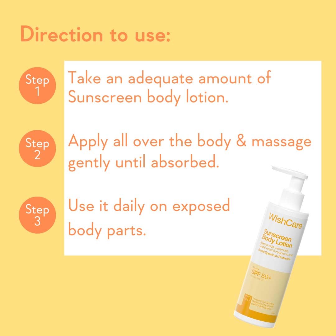 WishCare Sunscreen Body Lotion with SPF 50 PA++++ In- Vivo Tested | Body Sunscreen SPF50 With Broad Spectrum UVA & UVB Protection, No White Cast | With Carrot Seed & Raspberry | For All Skin Types | For Women & Men | 200ml