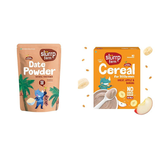 Slurrp Farm Seedless Arabian Date Powder | Kharik/Khajur Powder | 100% Natural Sweetener | No Preser + Slurrp Farm No Added Sugar Instant Wheat Apple & Banana Cereal | No Milk No Preservatives | 300g
