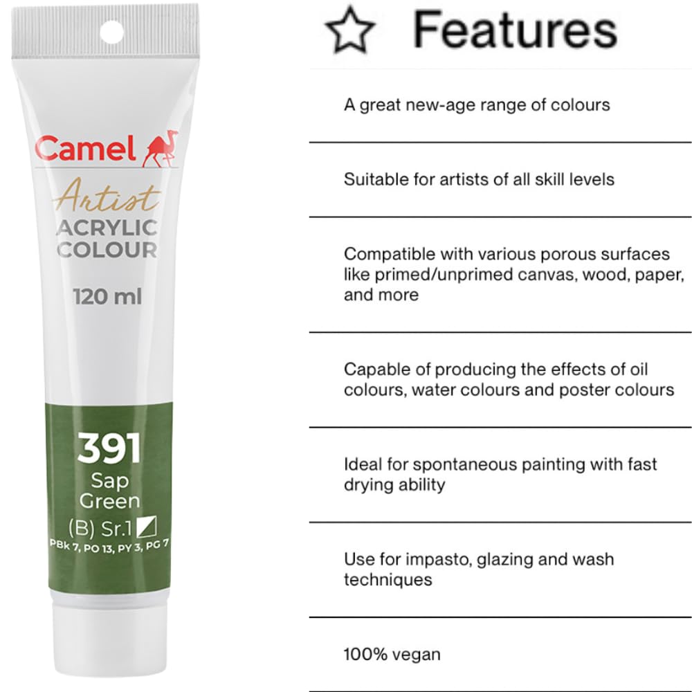 Camel Camlin Kokuyo Artist Acrylic Colour Tubes 120ml Sap Green 391