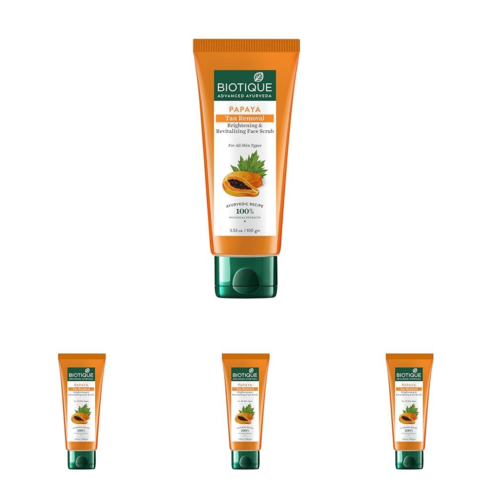 Biotique Papaya Tan Removal Brightening & Revitalizing Face Scrub | Gentle Exfoliation | Smooth and Clear Complexation | 100% Botanical Extracts| Suitable for All Skin Types | 100g (Pack of 4)