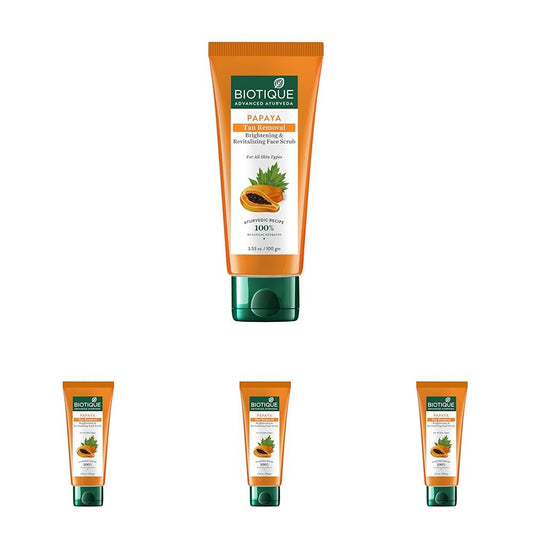 Biotique Papaya Tan Removal Brightening & Revitalizing Face Scrub | Gentle Exfoliation | Smooth and Clear Complexation | 100% Botanical Extracts| Suitable for All Skin Types | 100g (Pack of 4)
