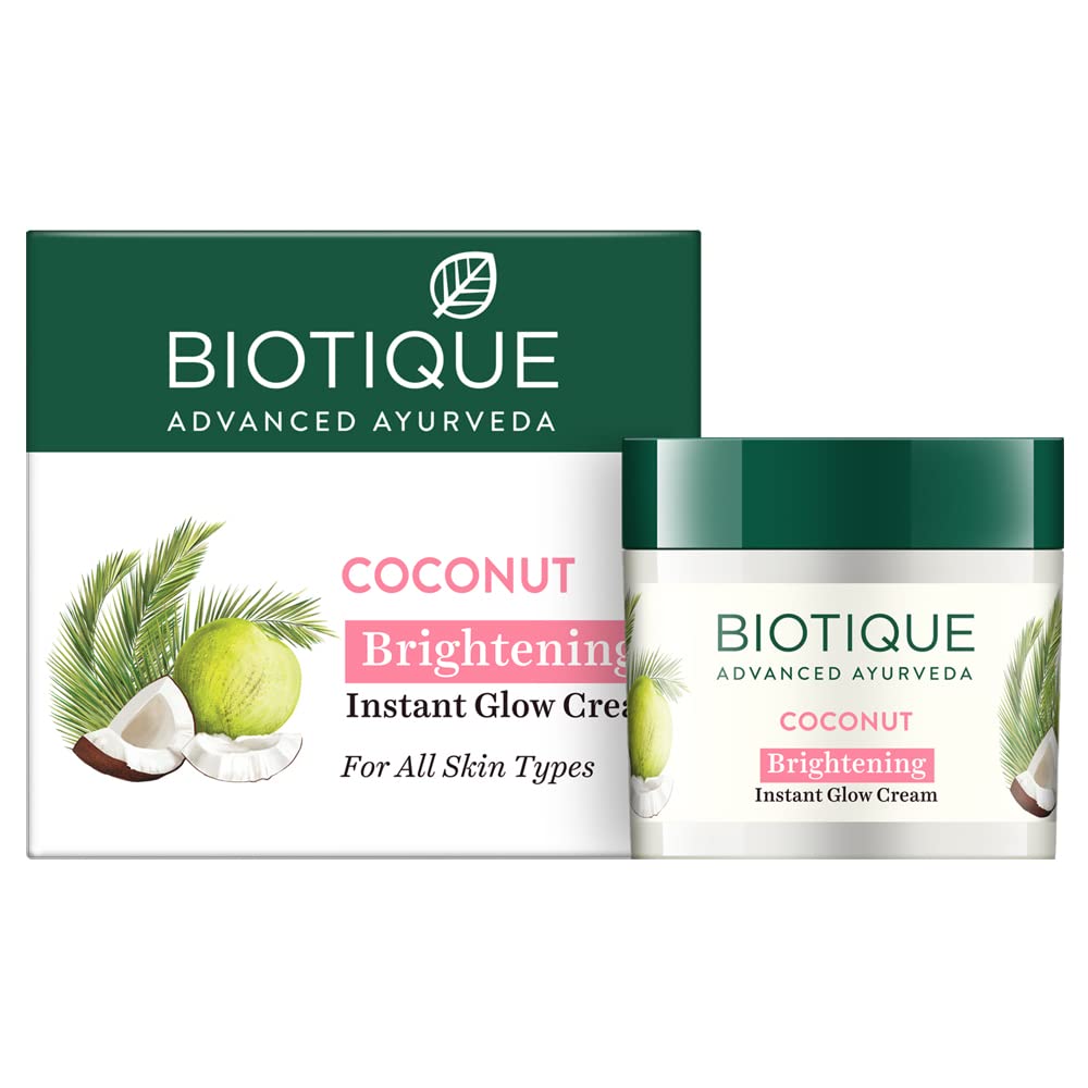 Biotique Coconut Brightening Instant Glow Cream| Lightweight and Non-Greasy | Reduces Dark Spots and Protects Ageing | Nourished and Moisturized Skin |100% Botanical Extracts| All Skin Types | 50gm