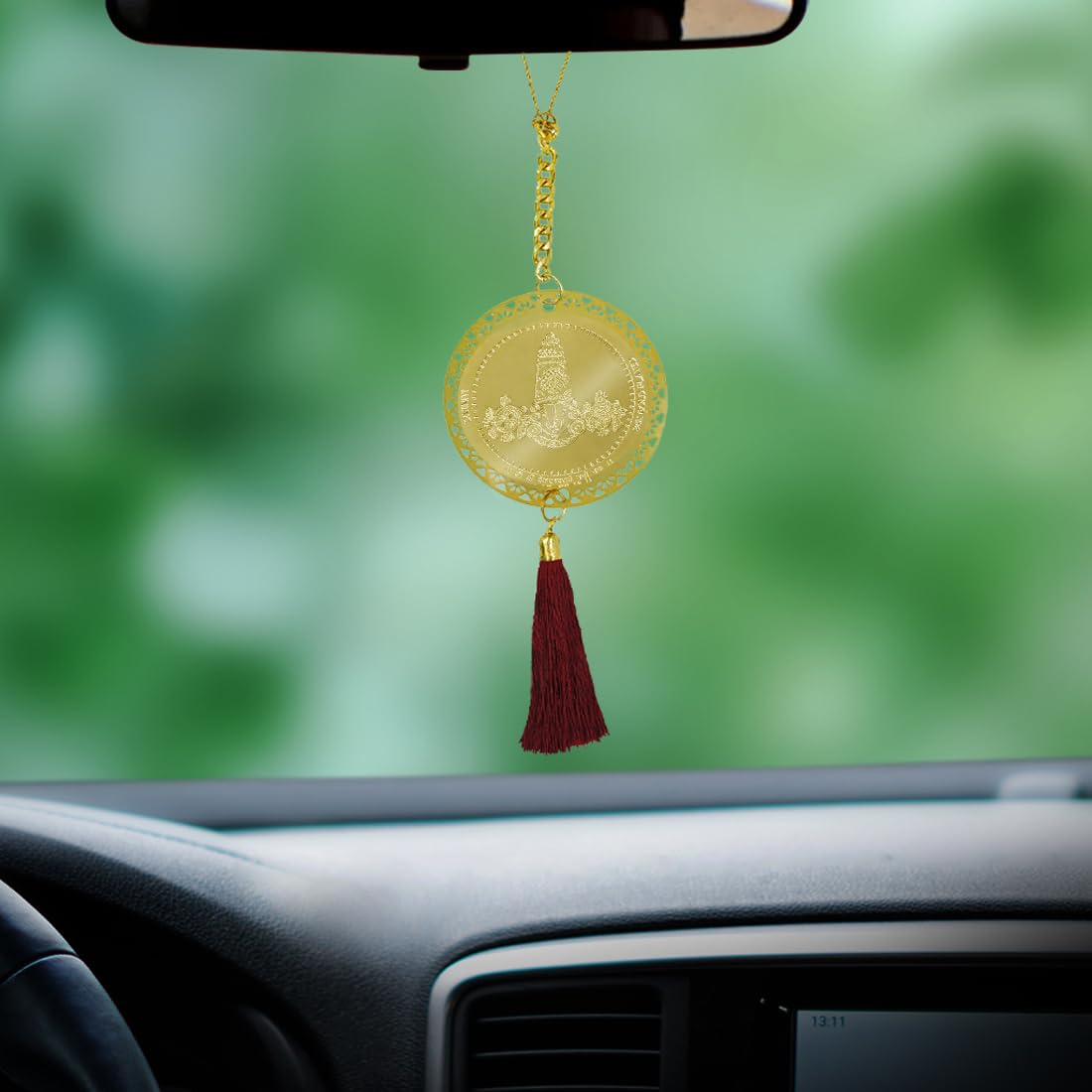Diviniti 24K Gold Plated Double Sided Tirupati Balaji Car Dangler 6 CM Tirupati Hanging Car Decor Luxurious Dangler for Car Divine Car Accessories for Positive Energy & Protection