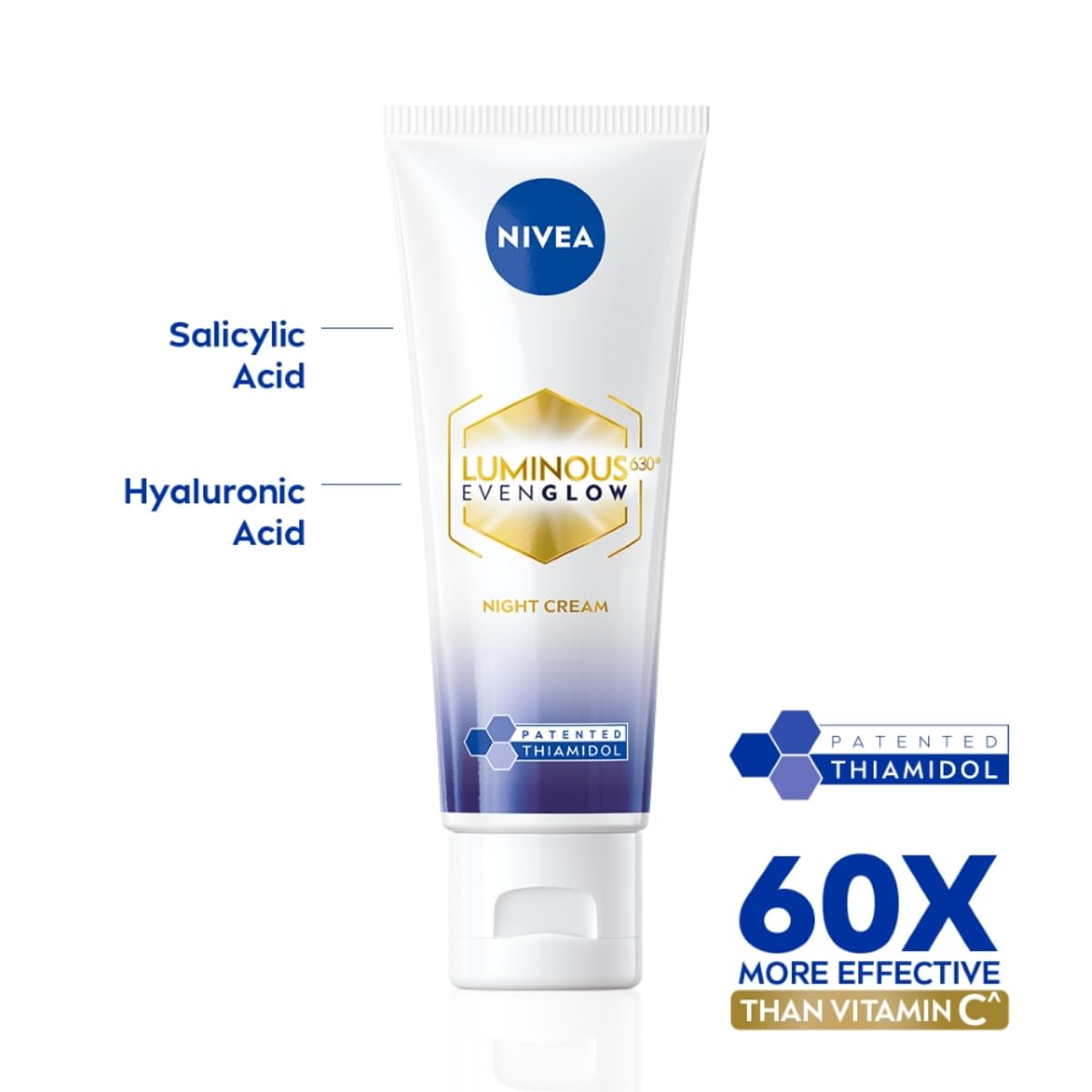 NIVEA Luminous Even Glow Night Cream & Moisturiser | Patented Thiamidol (60X More Effective Than Vitamin C) | Dark Spots & Pigmentation | Hyaluronic Acid Brightening Night Cream for Even Skin Tone & Deep Hydration | 40ml
