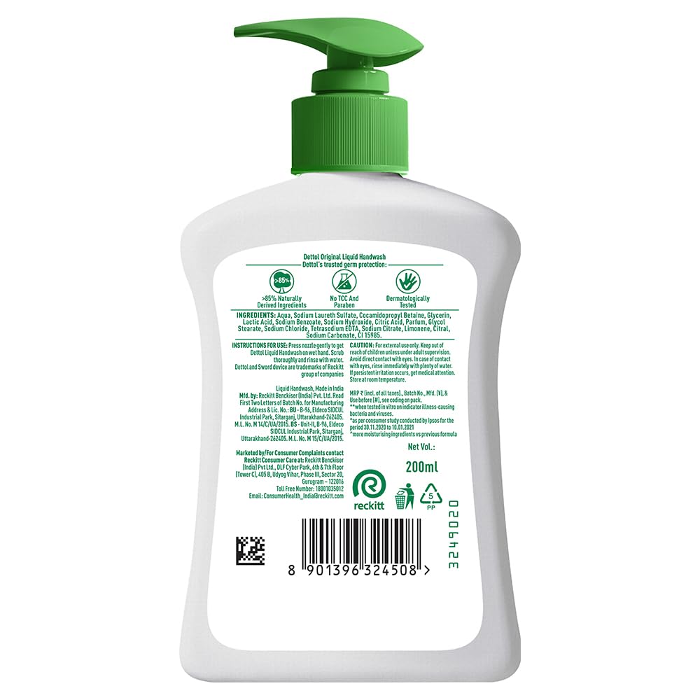 Dettol Liquid Handwash Dispenser Bottle Pump - Original Hand Wash- 200ml | Germ Defence Formula | 10x Better Germ Protection