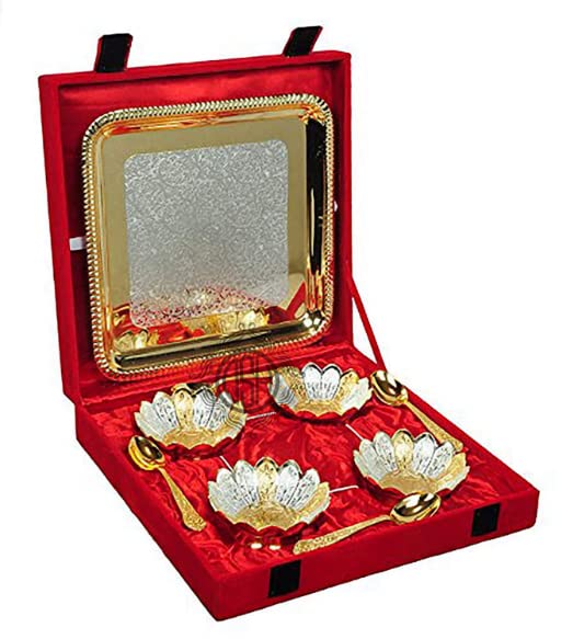 DSH Metal Bowl Set with Spoon, Tray and Velvet Box for Wedding Return Gifts and Festive Gifting-Set of 9