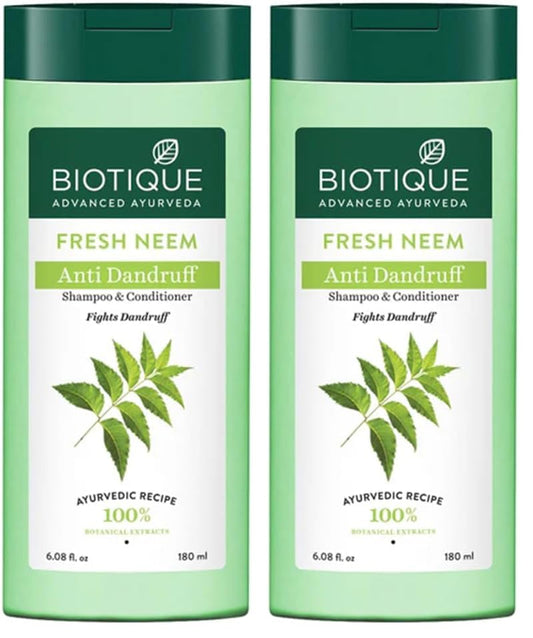 Biotique Fresh Neem Anti Dandruff Shampoo and Conditioner | Controls Dandruff | Eliminates Dryness, Flaking, and Itching | Hair Looks Fresh and Lustrous |Suitable for All Skin Types | 180ml