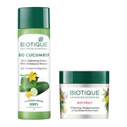 Biotique Bio Cucumber Pore Tightening Toner, 120ml and Biotique Bio Fruit Whitening and Depigmentation and Tan Removal Face Pack, 75g (Pack of 2)