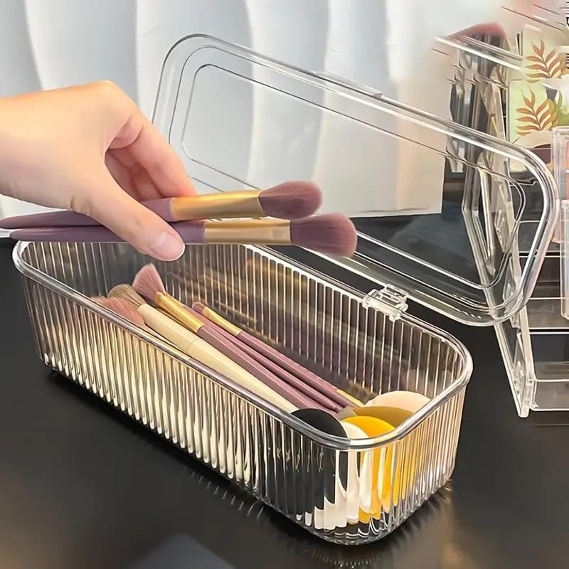 E-COSMOS® Transparent Makeup Brush Organizer Box with Lid | Dustproof Cosmetic Storage Container for Brushes, Beauty Tools & Accessories | Multipurpose Vanity & Dressing Table Organizer