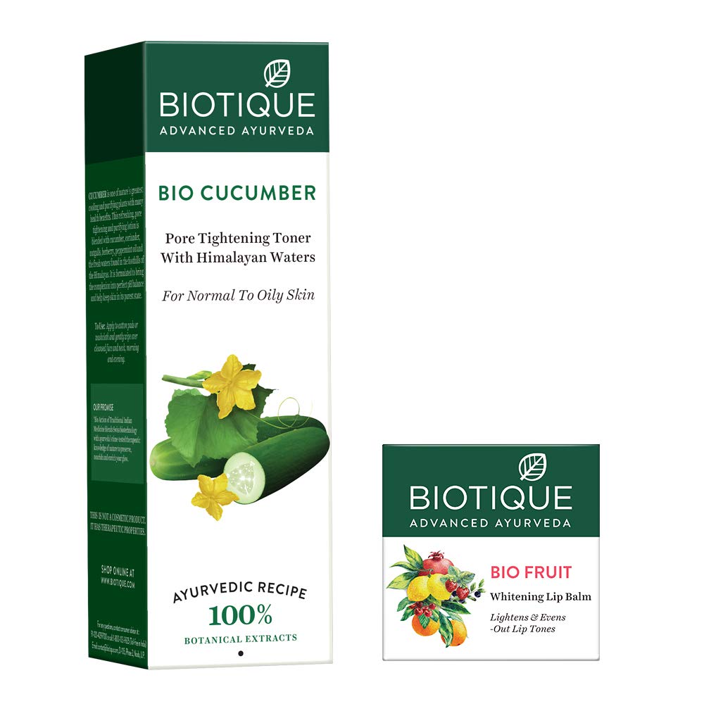Biotique Bio Fruit Whitening Lip Balm, 12g and Biotique Bio Cucumber Pore Tightening Toner, 120ml (Pack of 2)