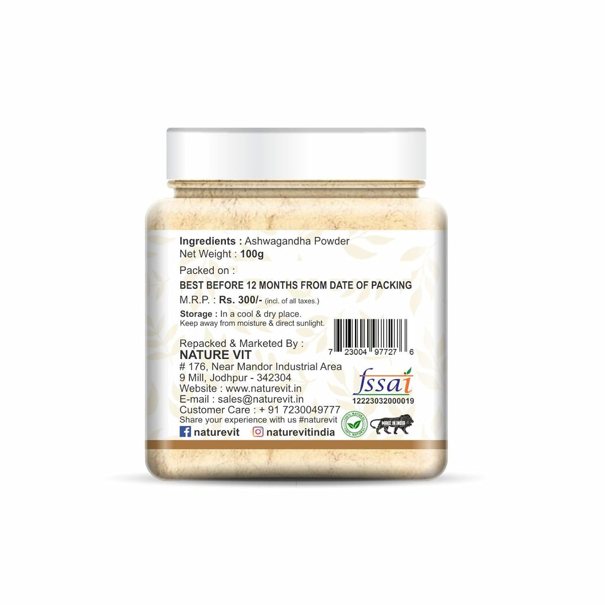 NatureVit Ashwagandha Root Powder, 100g | Pure Asvagandha Churna | No Preservatives | Helps Reduce Stress & Boost Strength | Amukkara Kizhangu