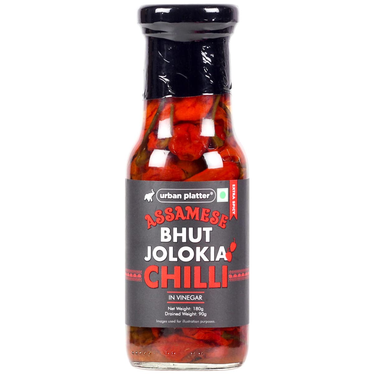 Urban Platter Assamese Bhut Jolokia Whole Chilli Peppers in Vinegar, 180g