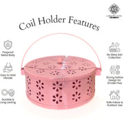DSH Metal Mosquito Coil Holder with Lid & Handle Ash Catcher Stand for Mosquito Coil Indoor Outdoor Safe Use (Pink)