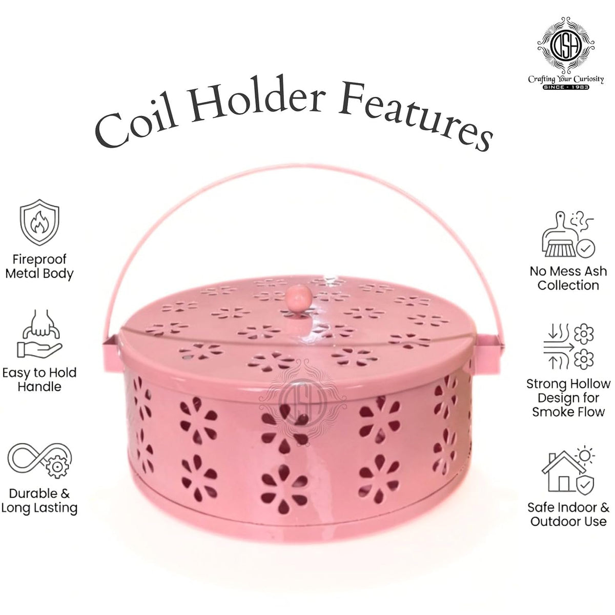 DSH Metal Mosquito Coil Holder with Lid & Handle Ash Catcher Stand for Mosquito Coil Indoor Outdoor Safe Use (Pink)