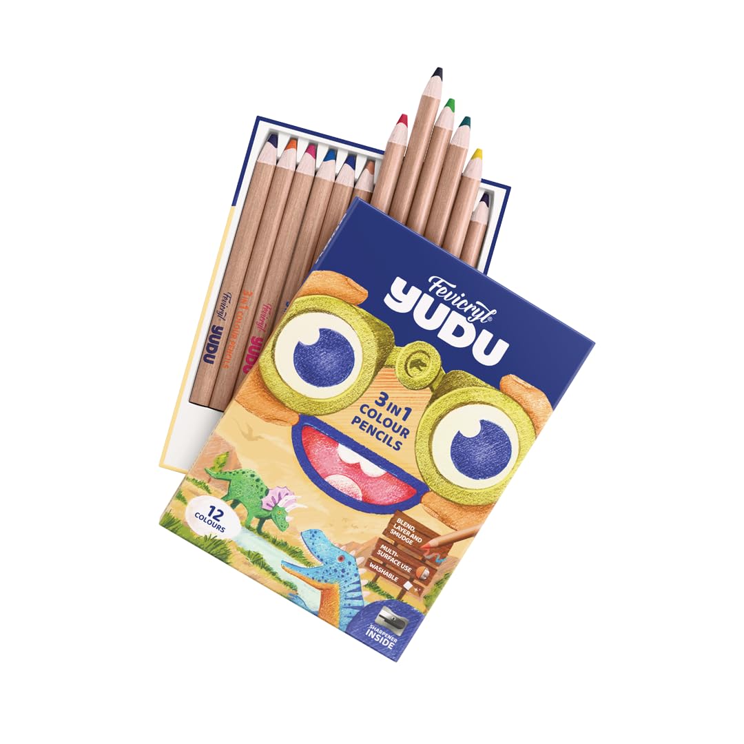 Fevicryl YUDU 3-in-1 Colour Pencils | 12 Shades | Colour Pencil, Crayon & Water Colour in 1 | Easily Washable, Non-Toxic & Safe for Kids 6-12yrs | Ideal Gift for Kids