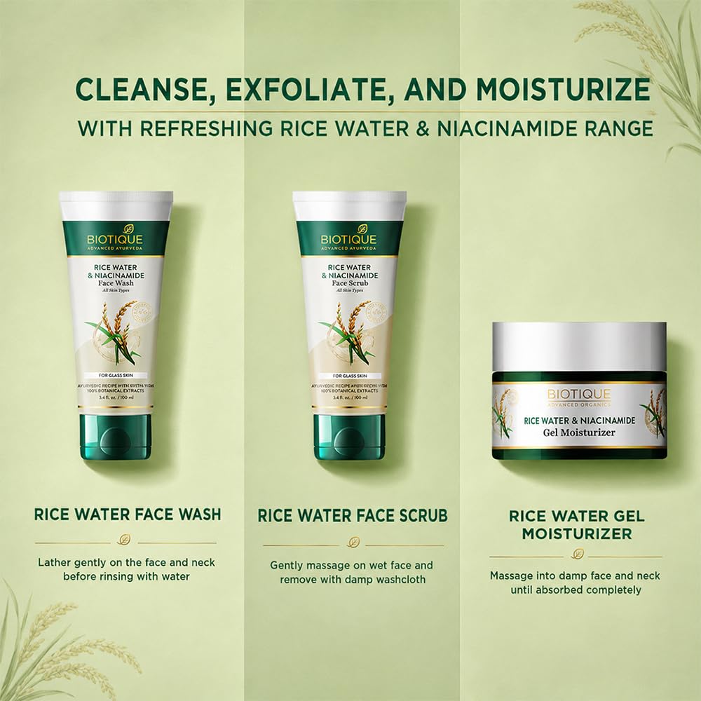 Biotique Rice Water & Niacinamide Gel Face Wash Removes Excess Oils & Reduce Blemishes of the Skin | Glass Skin | For Men & Women - 100ml