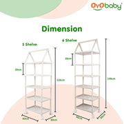OYO BABY Kids Wardrobe for Storage 5 Shelves | Heavy Duty Plastic Almirah for Baby Clothes, Toys & Books Rack | Compact Storage Organizer for Nursery/Bedroom [Printed - Red]