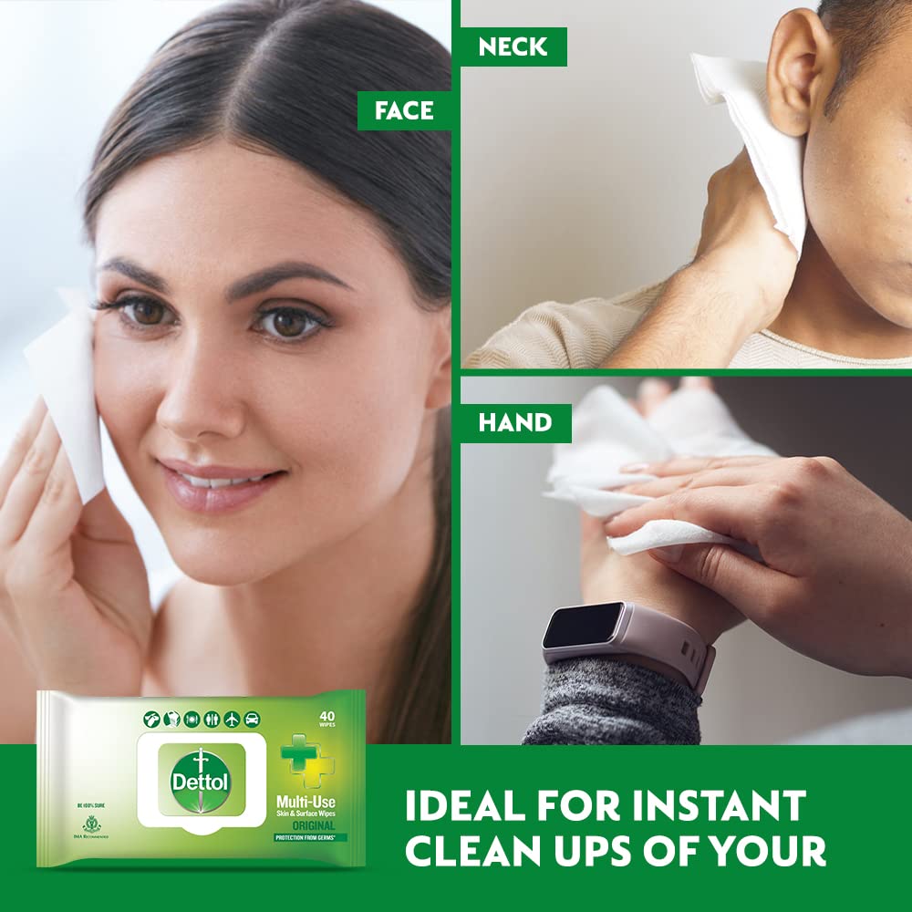 Dettol Germ Protection Wet Wipes for Skin & Surfaces, Original - 40 Count | Moisture-Lock Lid
