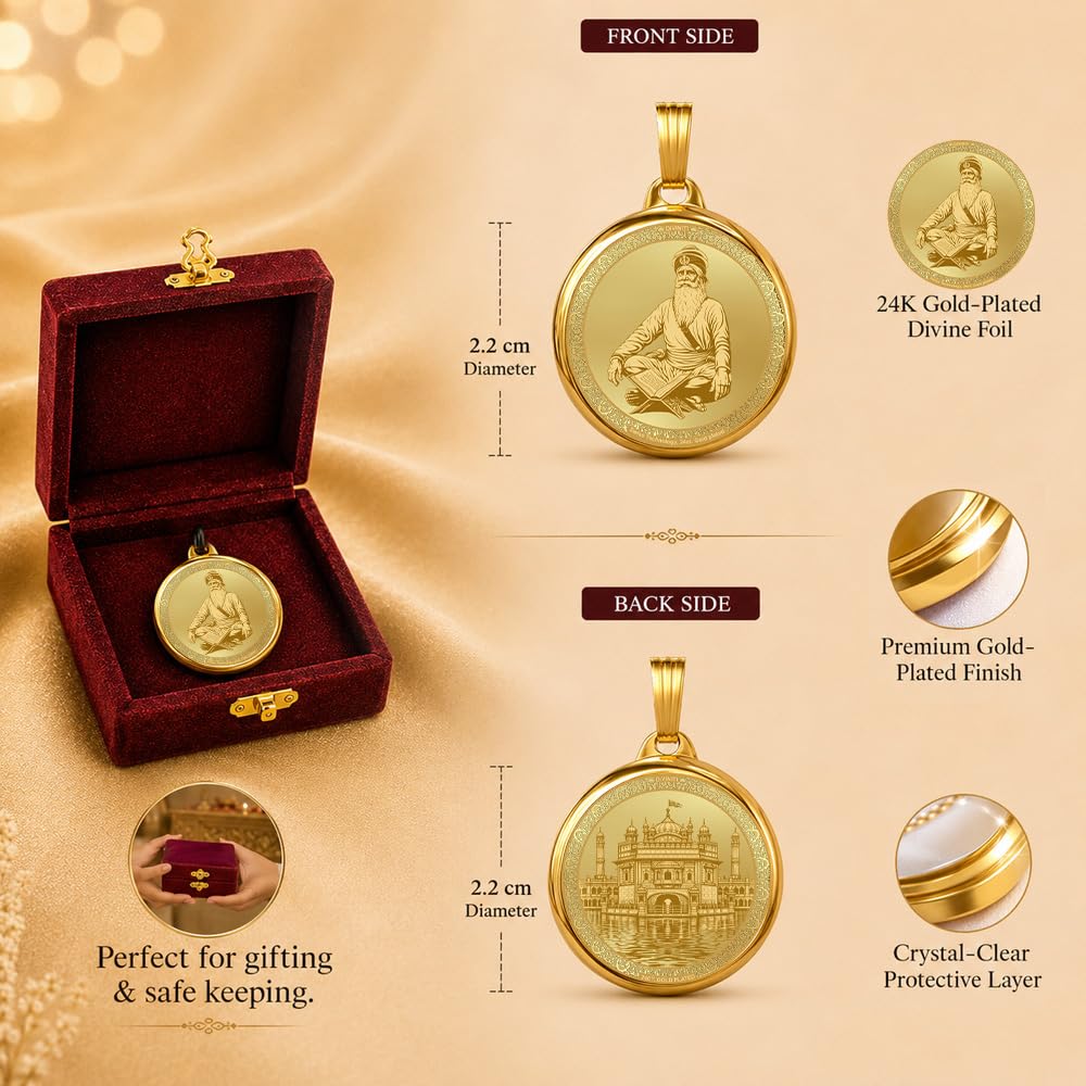 DIVINITI 24K Gold Plated Double-Sided Religious Pendant with Premium Gift Box, Spiritual Locket for Men & Women, Devotional Jewellery for Gifting & Everyday Wear | Baba Deep Singh & Golden Temple - GNG Pendant