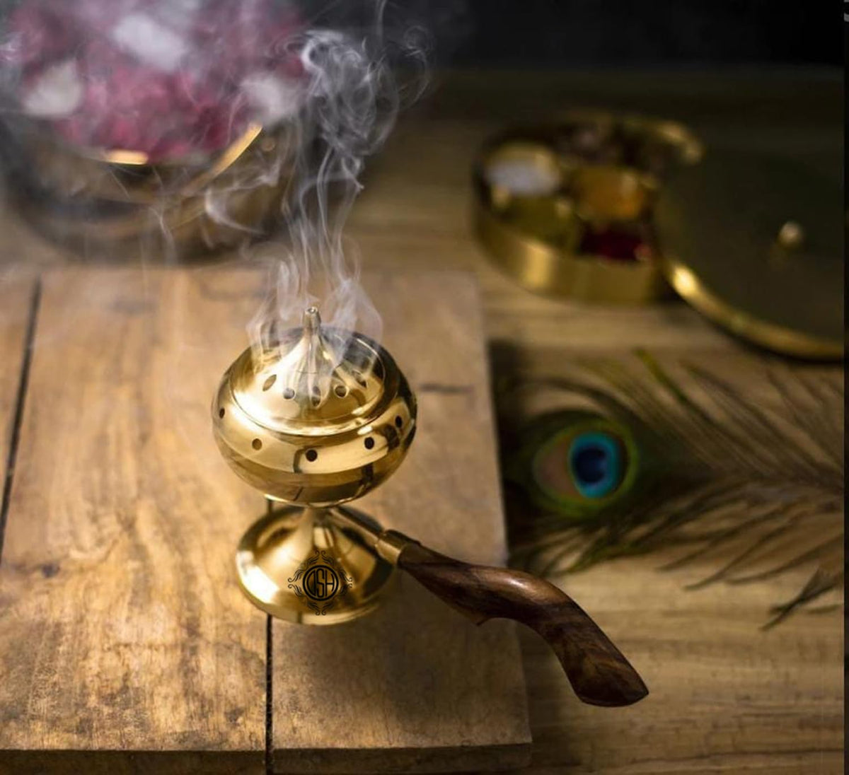 DSH Charcoal Incense Burner, Loban Burner with Handle, Dhoop Dhuni Burner Sambrani Dhoop, Resin & Home (Medium), Gold (LBN-05)(Round)
