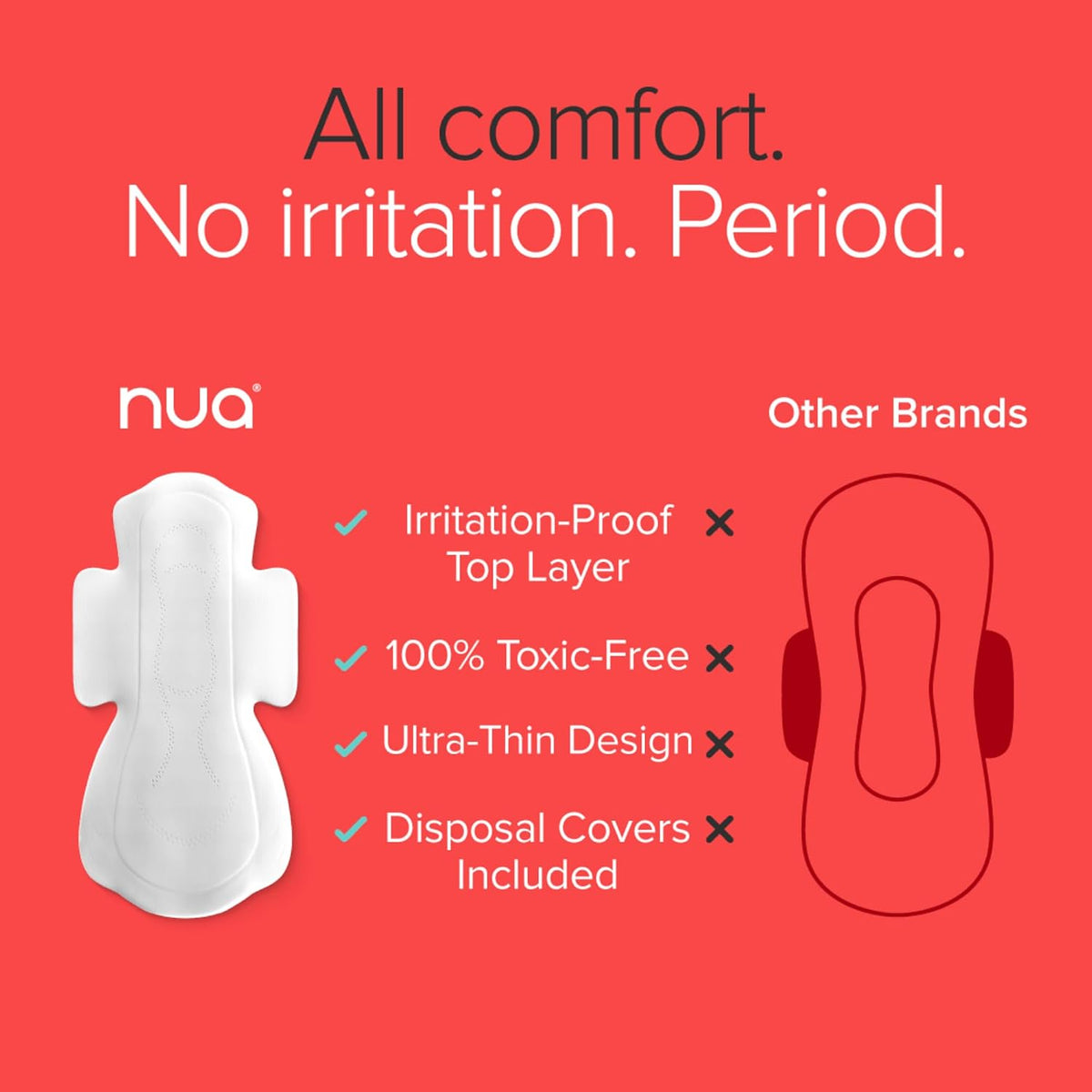 Nua Complete Comfort Sanitary Pads - Designed for Sensitive Skin | Pack of 50 pads for Heavy flow, with Disposal covers | Zero Irritation | Comfortable All-Day Protection | Ultra-Thin | Super Absorbent | No rashes | 50% Wider Back | 100% Toxic-Free, Dermatologically Tested