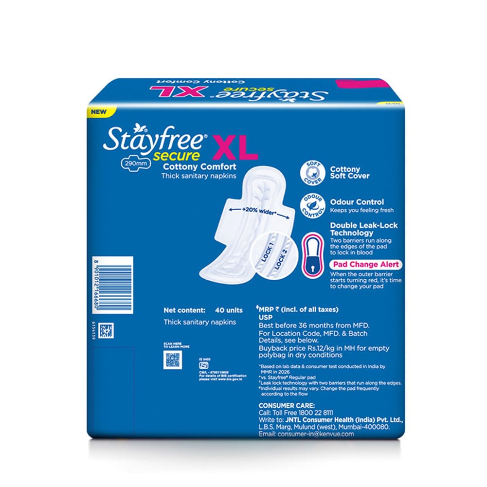 Stayfree Secure XL Sanitary Pads For Women| 40 Pads | Cottony Soft Cover | Up to 12 Hours Protection | Odour Control System