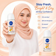 NIVEA Hijab Active Bright & Dry Anti-Perspirant Roll-On Deodorant for Women, 48H Protection, Vitamin C & Anti-Bacterial Formula, 0% Alcohol, 50 ml