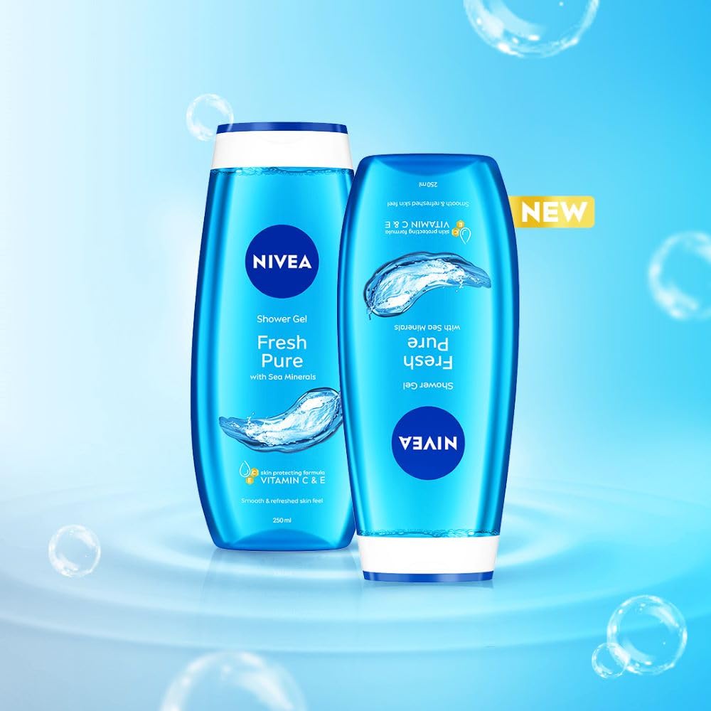 NIVEA Fresh Pure Refreshing Body Wash with Sea Minerals for Fresh, Clean Skin, Pure Glycerin, Vitamins C & E and Care Oil for Lasting Moisture, Shower Gel for Soft & Healthy & Moisturized Skin, 125 ml