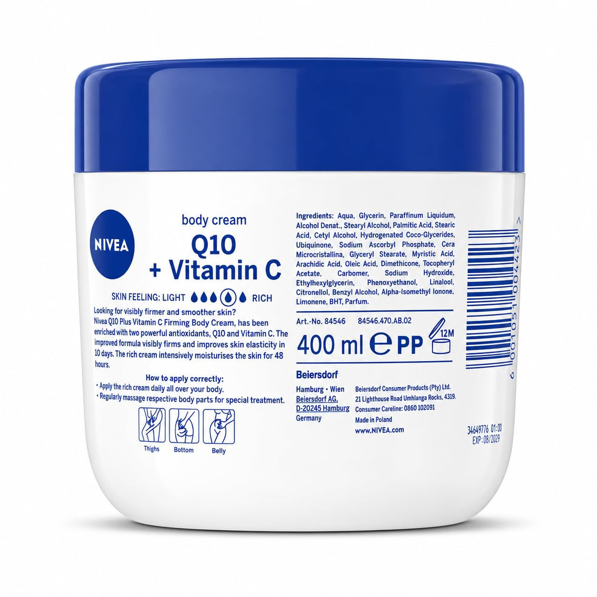 NIVEA Firming Body Cream with Q10 & Vitamin C, 48H Intensive Moisture, Helps Improve Skin Firmness & Elasticity, for All Skin Types, 400 ml