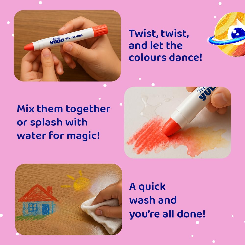 Fevicryl Yudu Gel Crayons | 12 Colours with 1 Brush | Smooth & Mess-Free Creative Art | Twistable, Washable & Water Soluble for Kids & Adults | Ideal Gift for Kids
