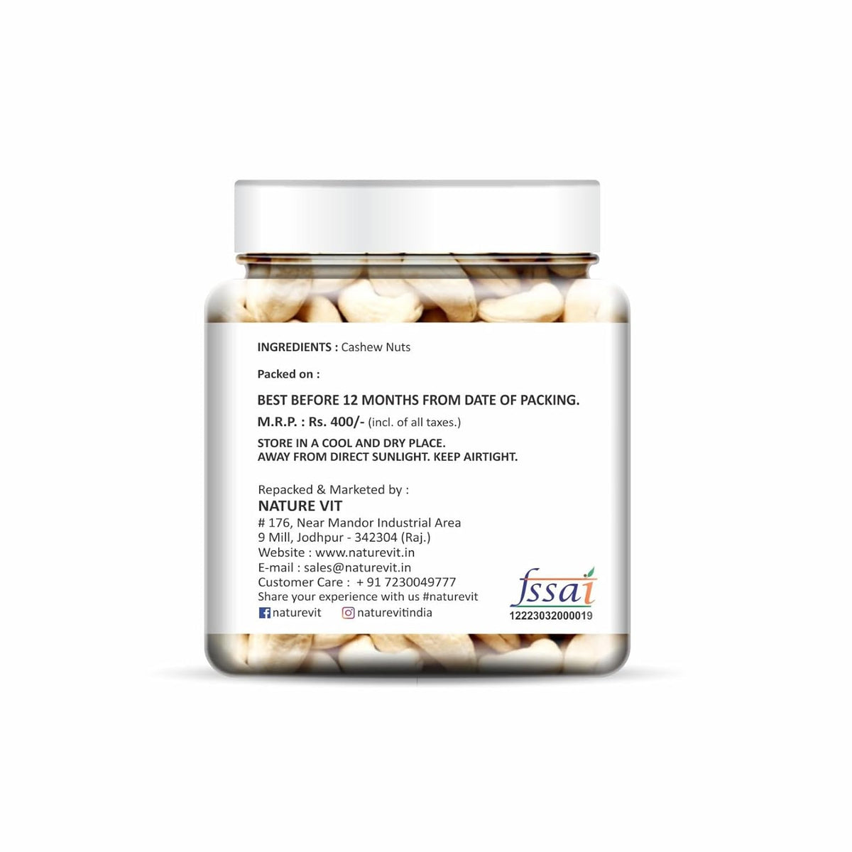 NatureVit Cashew Nuts Unsalted 250g | Premium Whole Kaju | Natural Healthy Snack | Rich in Protein & Minerals