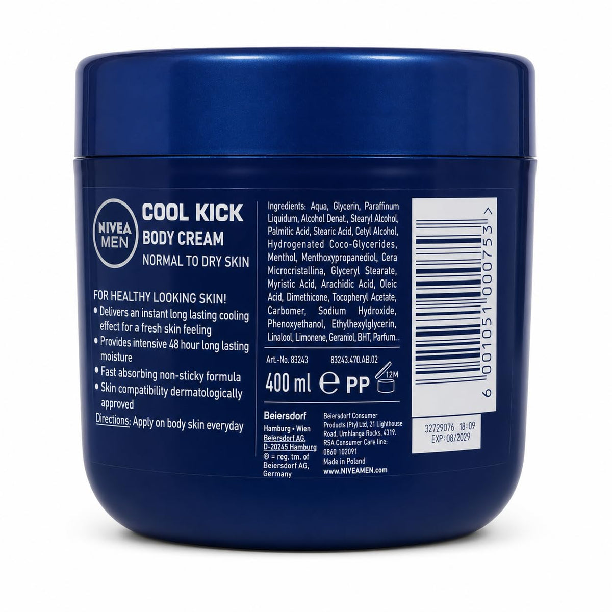 NIVEA MEN Cool Kick Body Cream for Normal to Dry Skin, 48H Moisture, Cooling Effect, Fast-Absorbing Non-Sticky Formula, 400 ml