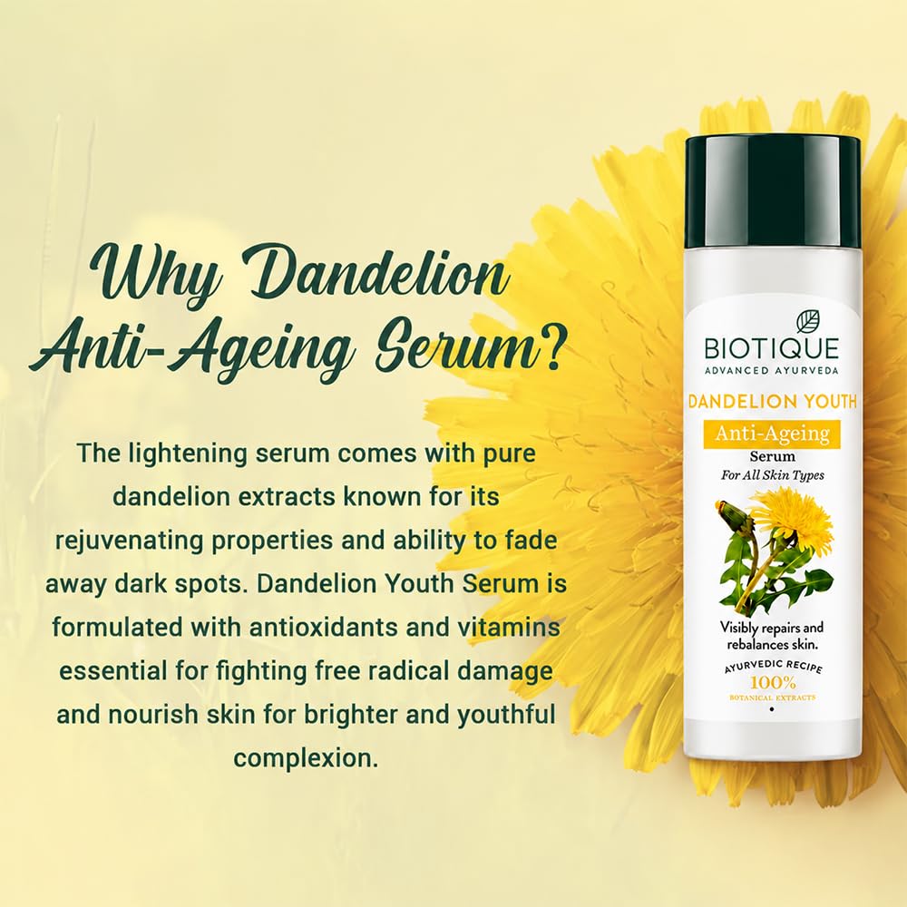 Biotique Dandelion Youth Anti-Ageing Serum| Ayurvedic and Organically Pure| Anti-Ageing Serum for Men & Women| Reduces Fine Lines & Wrinkles |100% Botanical Extracts| All Skin Types | 190ml