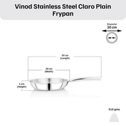 Vinod Claro Heavy Gauge Stainless Steel [Plain ] Fry Pan with 1.5 mm Thickness 20 cm