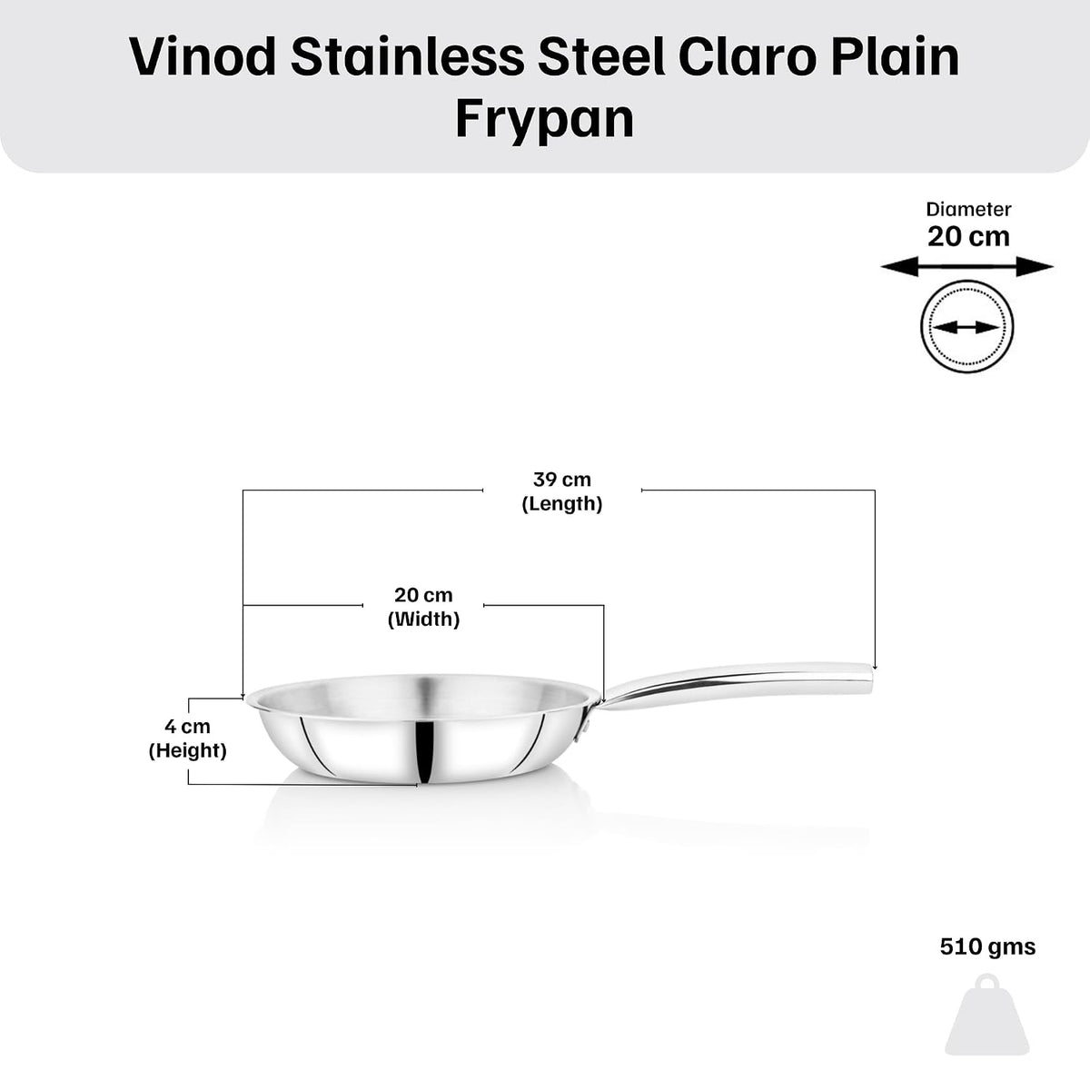 Vinod Claro Heavy Gauge Stainless Steel [Plain ] Fry Pan with 1.5 mm Thickness 20 cm