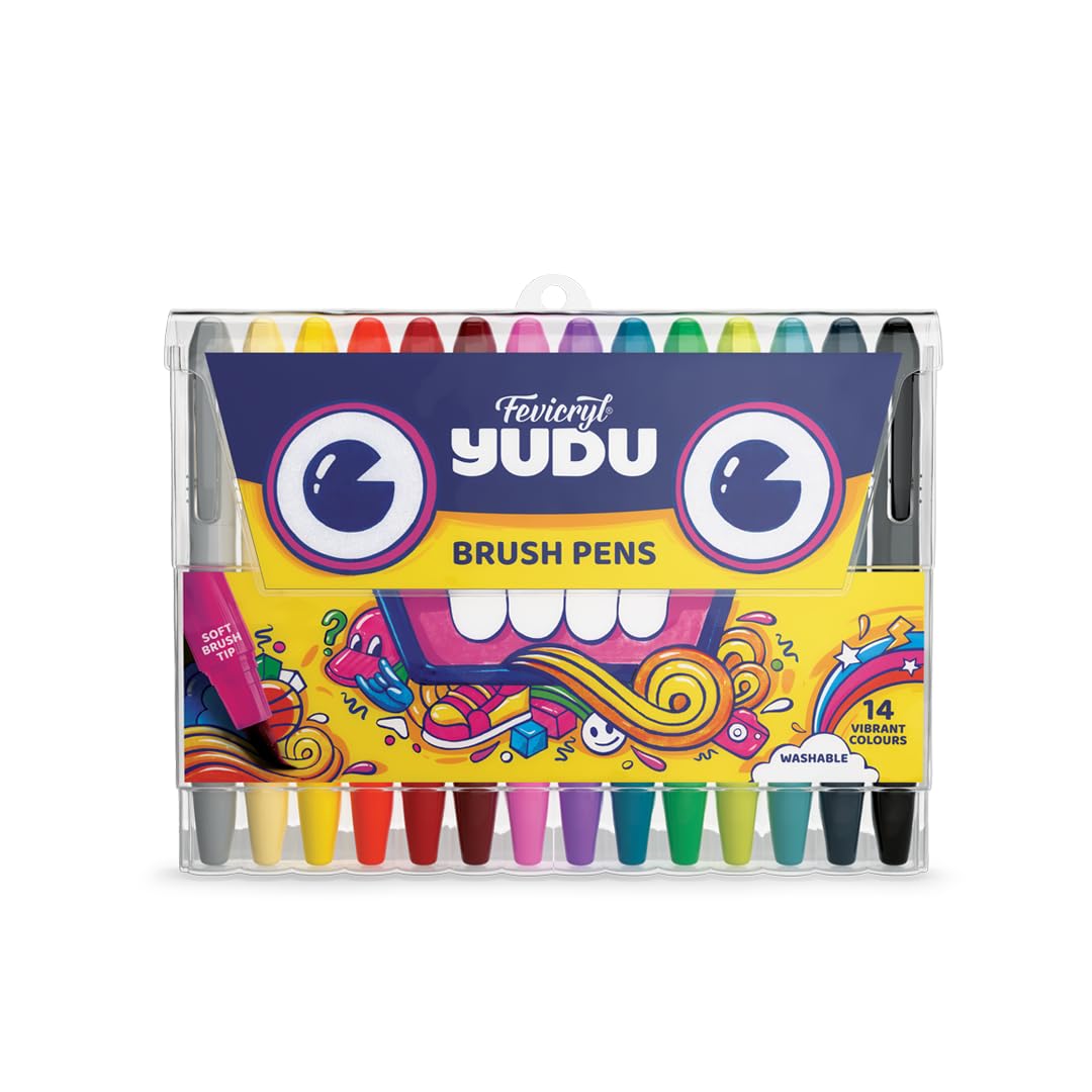 Fevicryl YUDU Brush Pens | Set of 14 Colours | Water-Based, Quick-Drying & Washable | Flexible tip for Calligraphy & Journalling | Ergonomic Design for Kids | Ideal Gift for Kids
