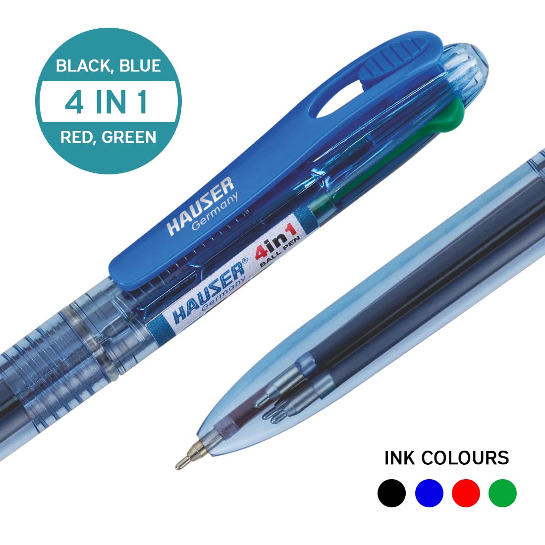 Hauser Germany 4 In 1 Retractable Ball Pen Box | Durable Transparent Body | 4 Ink Colors In One Pen | Low Viscosity Ink System | Acu Flow Writing System | Blue, Black, Red & Green Ink, Of 5 Pens