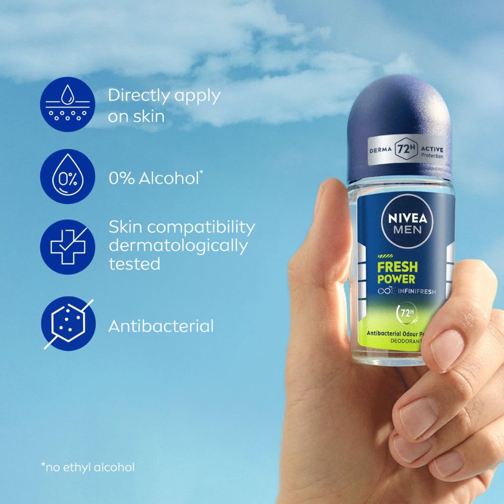 NIVEA Men Fresh Power Underarm Roll-On Deodorant|72 H Long Lasting Freshness|Fights Bacteria And Body Odour|Fresh Musk Fragrance|0% Alcohol|Dermatologically Approved & Paraben Free Formula|50Ml