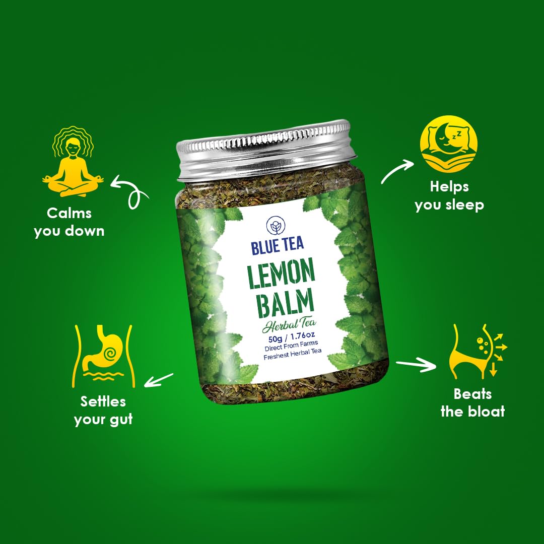 BLUE TEA - Lemon Balm Tea - 50gm - 50+ Cups | RELIEVES STRESS | REDUCES BLOATING | IMPROVES DIGESTION | Leaf Based - Caffeine Free - Relaxing | Reusable Pet Jar