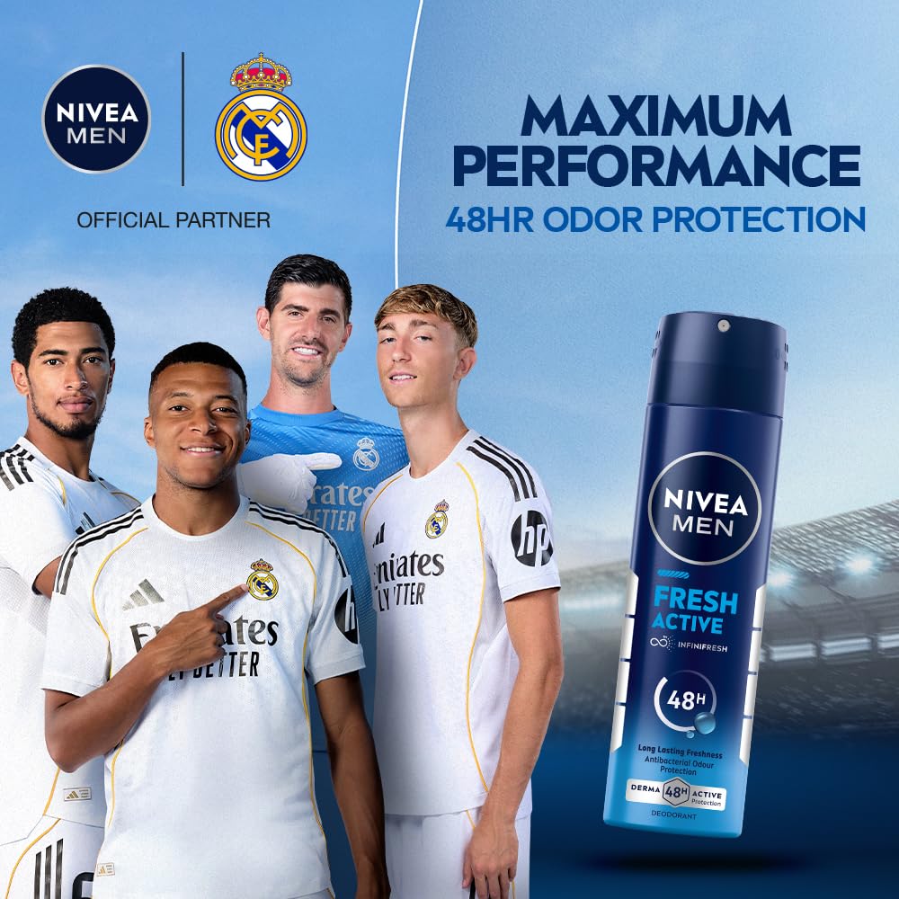 NIVEA Men Fresh Active Deodorant Spray, 48H Odour Protection Daily Freshness, Marine Fresh Fragrance with Lemon & Sandalwood Notes, Long Lasting Freshness, Body Spray & Underarm Deodorant, 150 ml