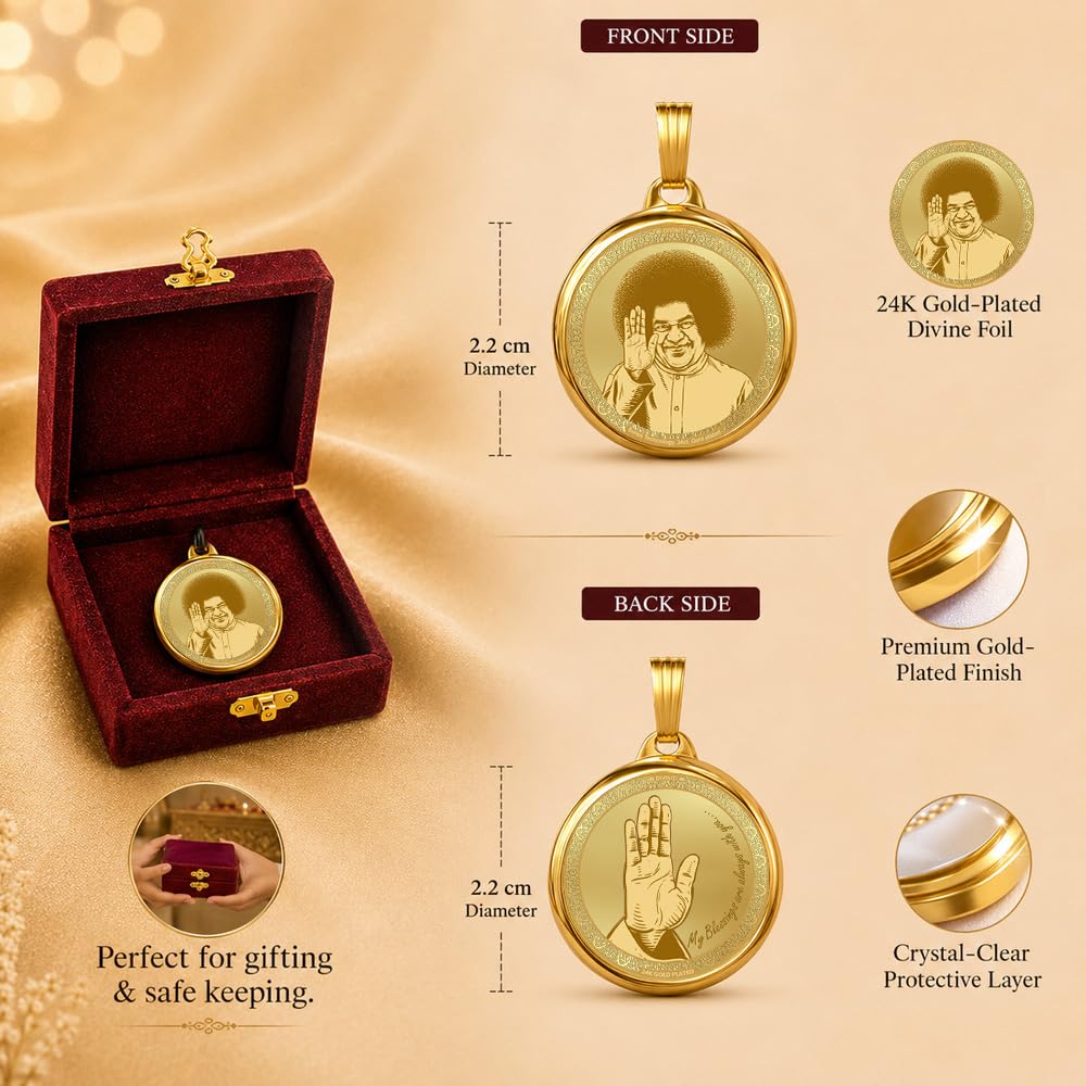 DIVINITI 24K Gold Plated Double-Sided Religious Pendant with Premium Gift Box, Spiritual Locket for Men & Women, Devotional Jewellery for Gifting & Everyday Wear | Satya Sai Baba & Hand