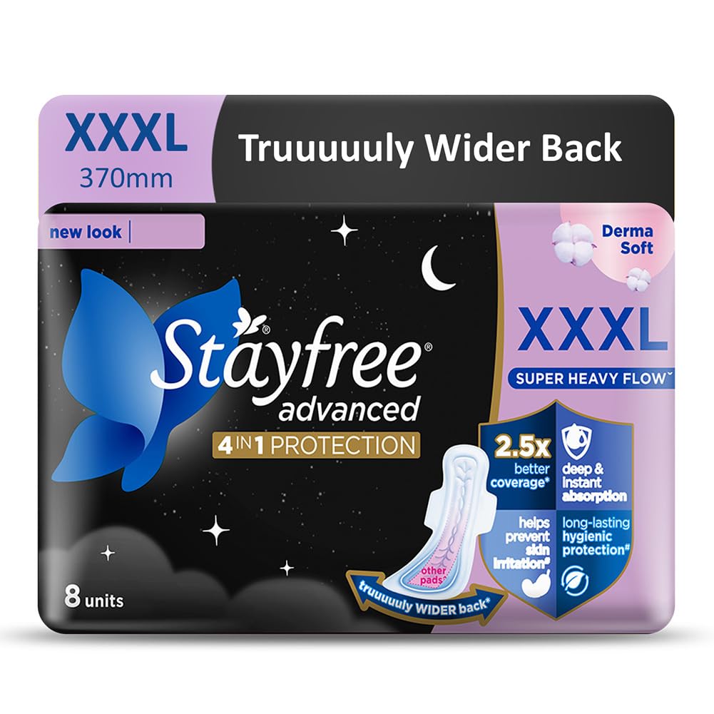Stayfree Advanced XXXL+ Thin Sanitary Pads for Women | 8 Soft Cotton Pads for All Night Ultra Comfort | Absorbs 2x More with Wider Back | Prevent Rashes | Odour Control