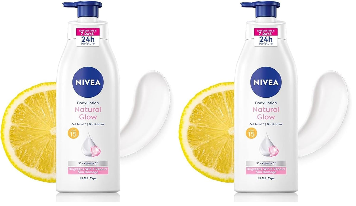Nivea Body Lotion Natural Glow, Cell Repair, Spf 15 & 50X Vitamin C 400ml (Pack of 2)