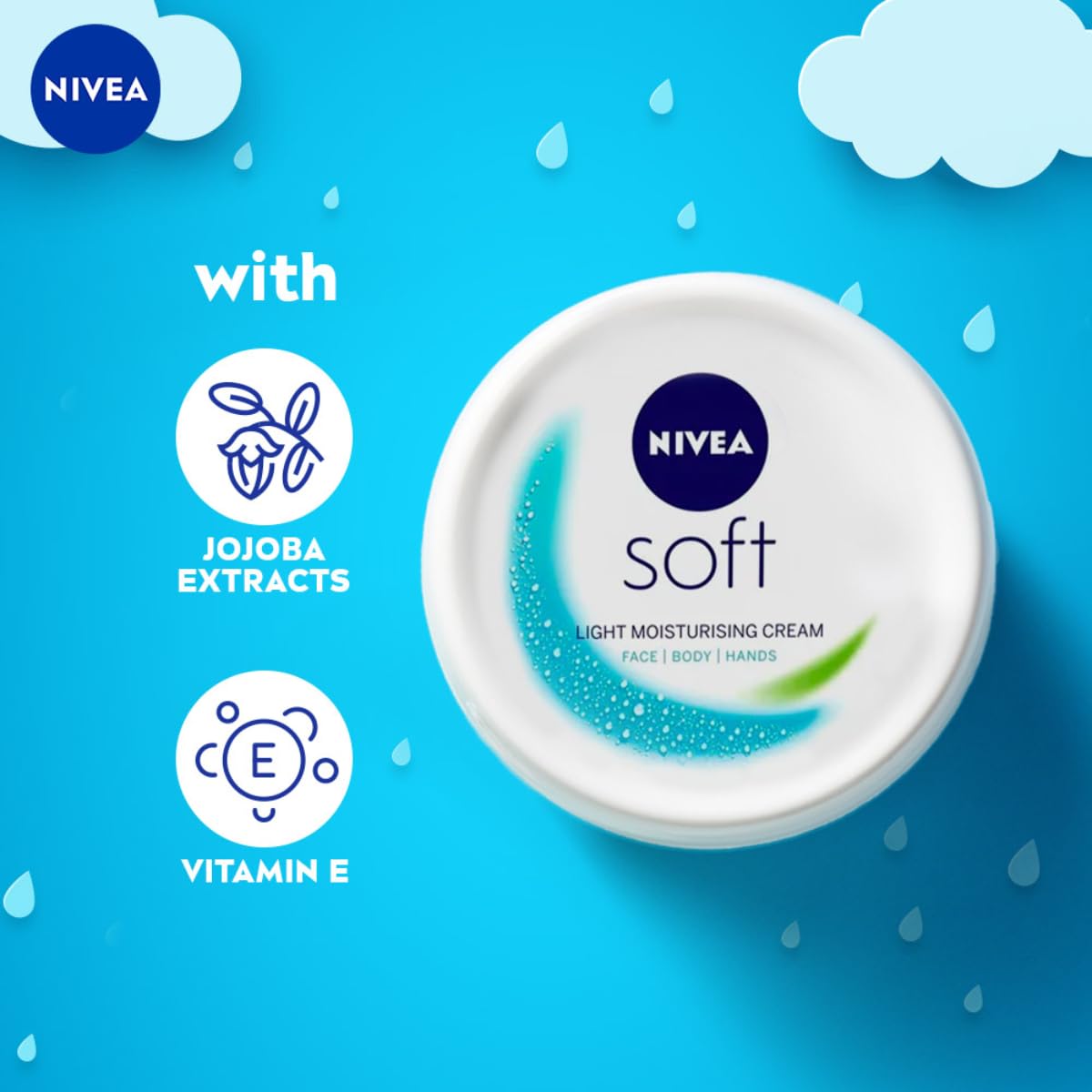 NIVEA Soft Light Moisturizer for Face, Hand & Body, Non-Greasy Cream with Vitamin E & Jojoba Oil for Instant Hydration