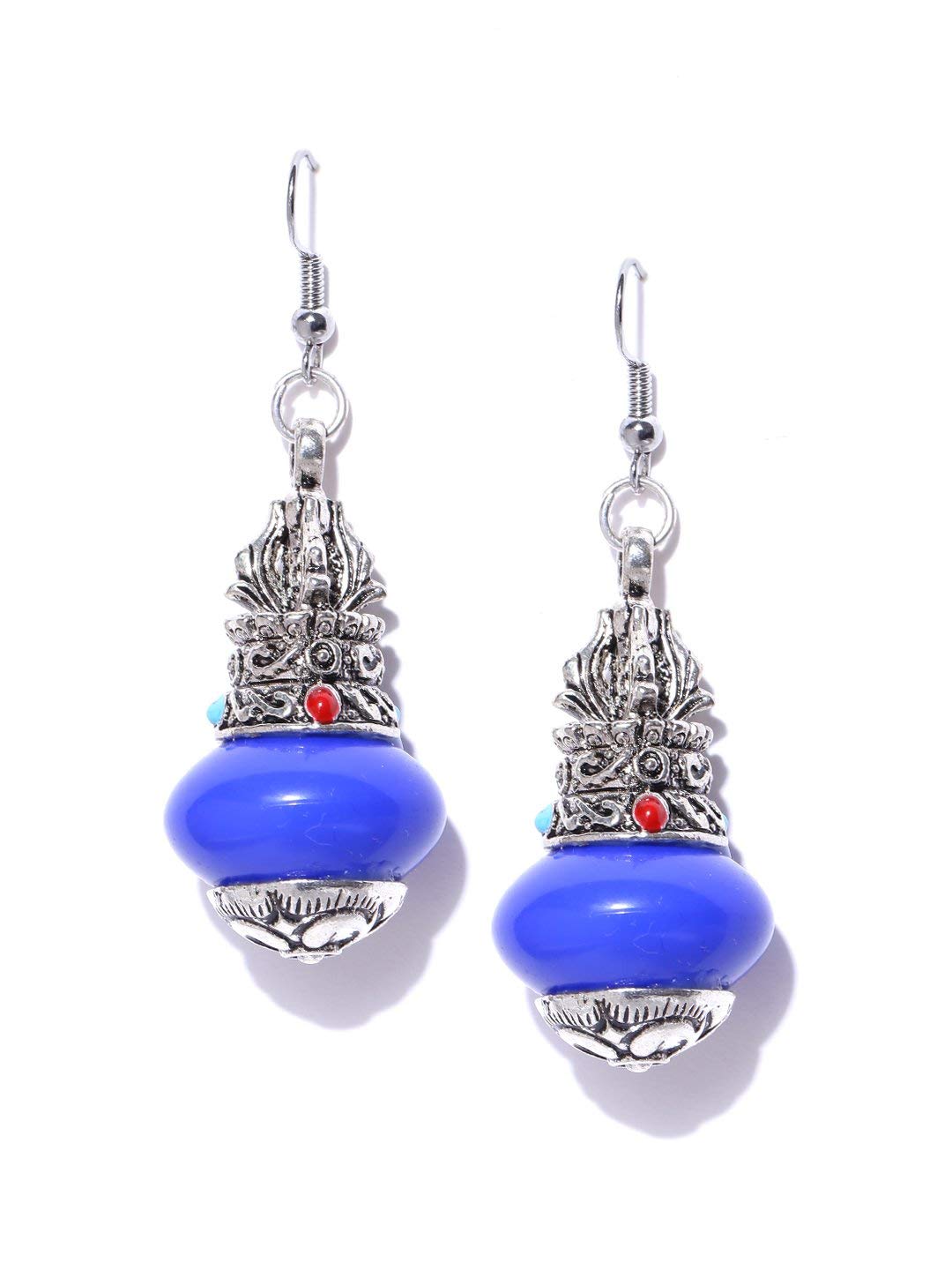 Priyaasi Oxidised Silver Blue Beaded Drop Earrings
