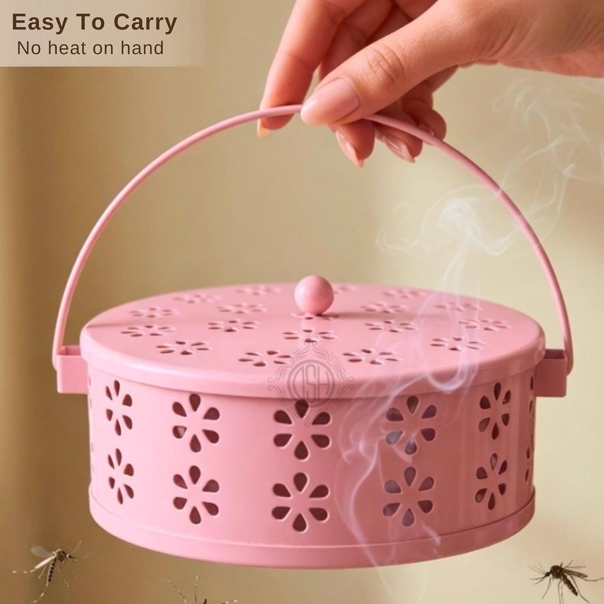DSH Metal Mosquito Coil Holder with Lid & Handle Ash Catcher Stand for Mosquito Coil Indoor Outdoor Safe Use (Pink)