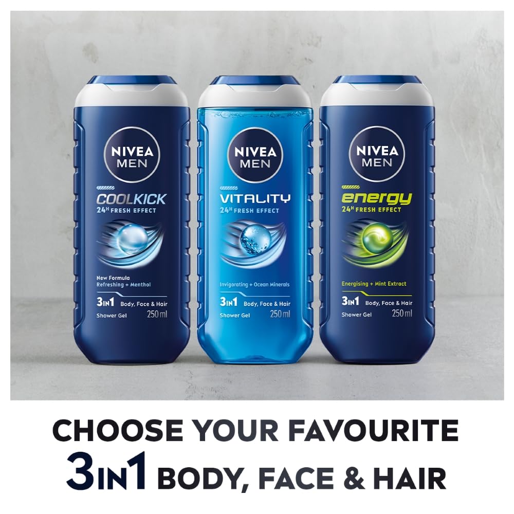 Nivea Men Body Wash, Energy With Mint Extracts, Shower Gel For Body, Face & Hair, 250ml